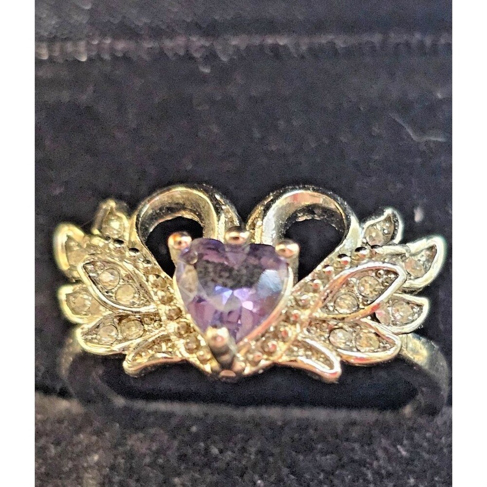 Swarovski 925 Sterling Silver Purple Heart Crystal Double Swan Ring Sz 11 w/ Box